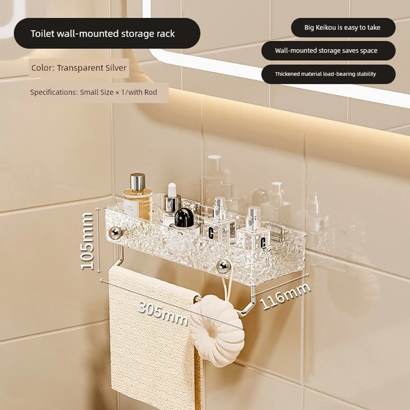 Duvara Monte Akrilik Banyo Rafı - Şeffaf Gümüş 30cm + Havluluk