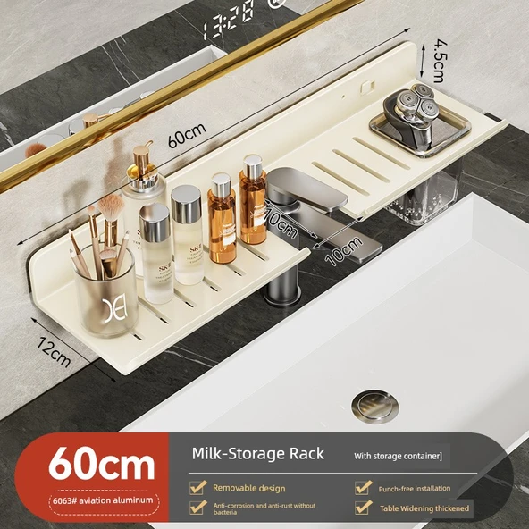 Duvara Monte Banyo Rafı - Süt Beyazı - 60cm - Aynalı Ön Raf ve Bardaklı