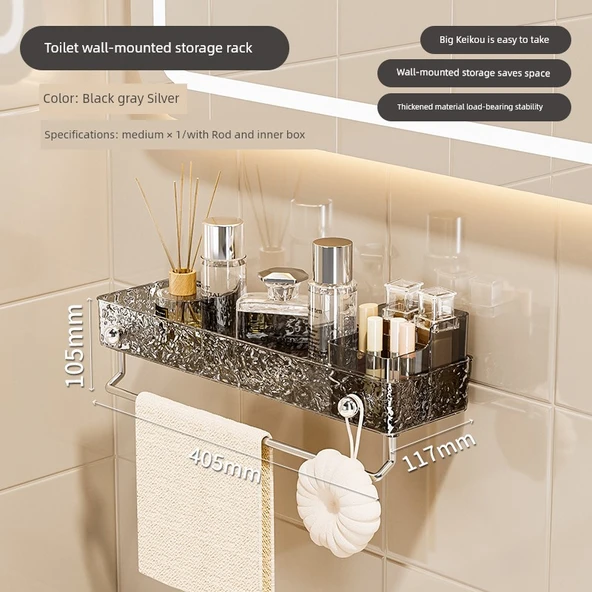 Duvara Monte Akrilik Banyo Rafı - Siyah Gri Gümüş 40cm + Havluluk + Bölme Kutusu