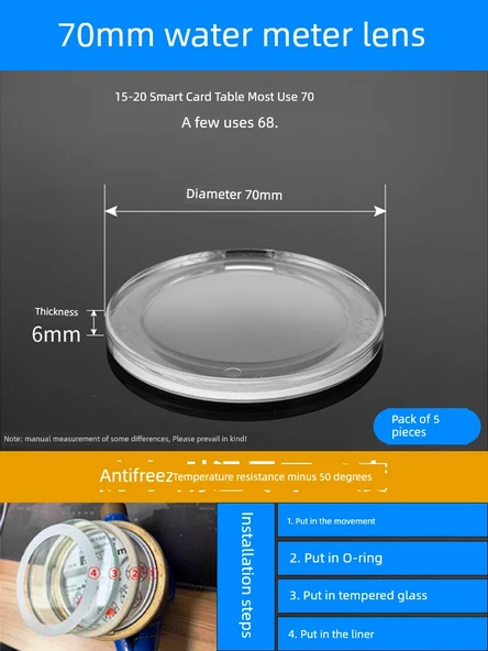 Donmaya Karşı Su Sayacı Camı - -50 Derece, 70mm x 6mm, 5 Adet