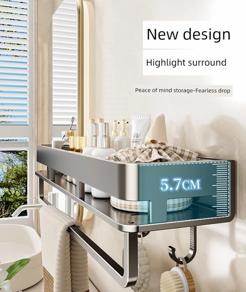 Deliksiz Duvara Monte Banyo Rafı - Çift Katmanlı Bambu Desenli Raf 30 cm Kancalı ve Çubuklu (Gri) - 8