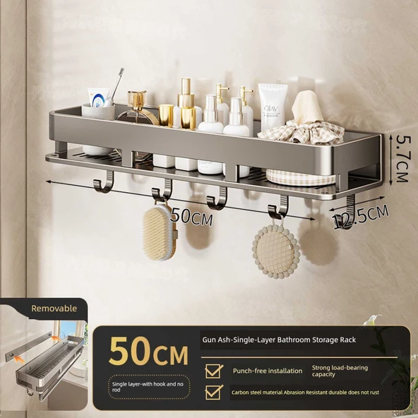 Deliksiz Duvara Monte Banyo Rafı - Arka Şerit Bambu Desenli Raf 50 cm Kancalı (Gri)