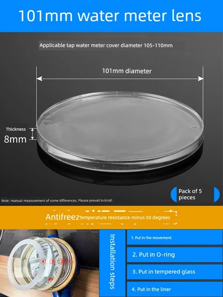 Donmaya Karşı Su Sayacı Camı - -50 Derece, 100mm x 8mm, 5 Adet