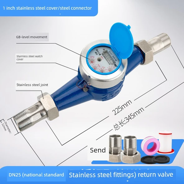 Su Sayacı - 25mm Paslanmaz Çelik Bağlantı Elemanları Çek Valfli