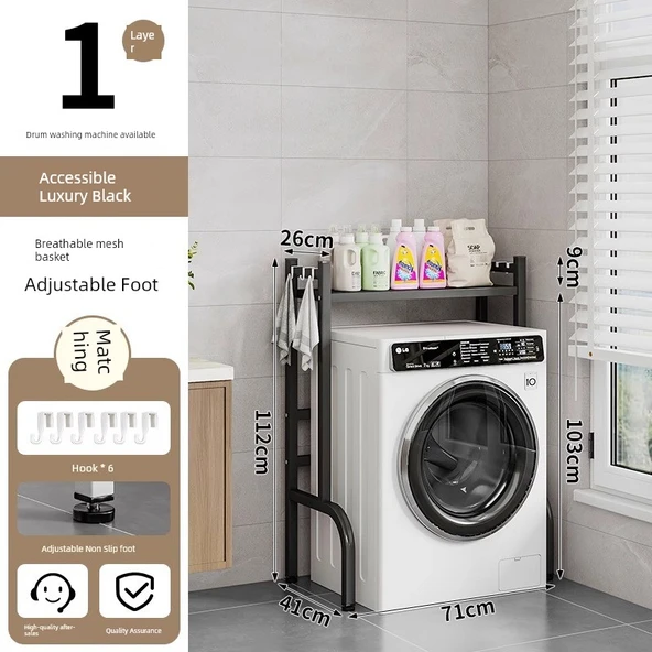 Banyo Tuvalet Üstü Rafı - [Tekerlekli] 1 Katman - Siyah