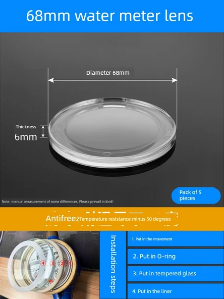 Donmaya Karşı Su Sayacı Camı - -50 Derece, 68mm x 6mm, 5 Adet