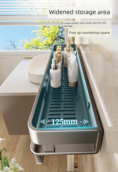 Deliksiz Duvara Monte Banyo Rafı - Arka Bambu Desenli Raf 40 cm Kancalı (Gri) - 10