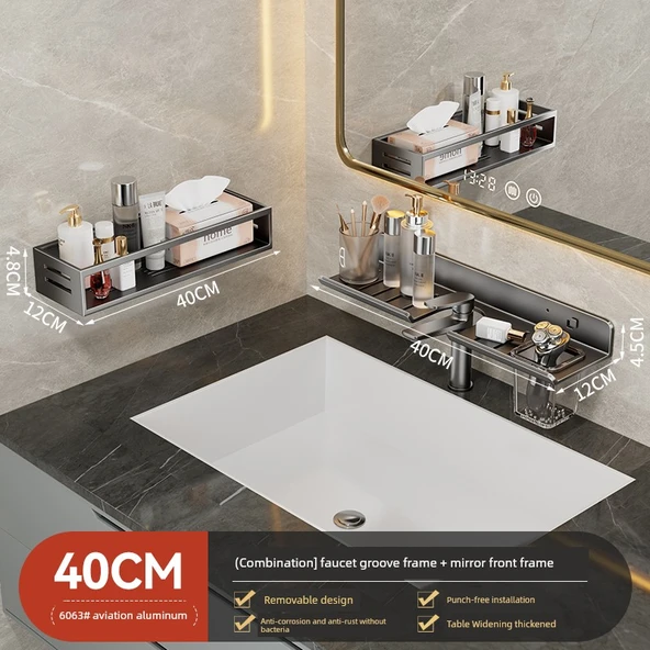 Duvara Monte Banyo Rafı - Füme Gri - 40cm - Aynalı Ön Raf ve 40cm Raf