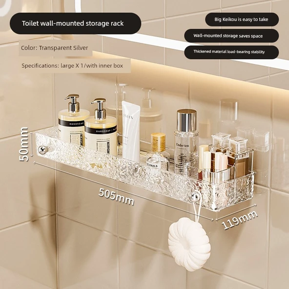 Duvara Monte Akrilik Banyo Rafı - Şeffaf Gümüş 50cm + Bölme Kutusu