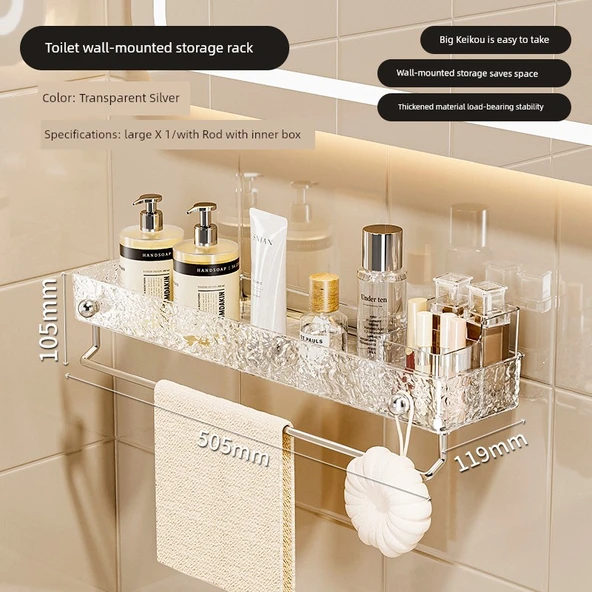 Duvara Monte Akrilik Banyo Rafı - Şeffaf Gümüş 50cm + Havluluk + Bölme Kutusu