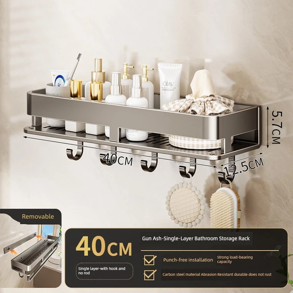 Deliksiz Duvara Monte Banyo Rafı - Arka Bambu Desenli Raf 40 cm Kancalı (Gri)