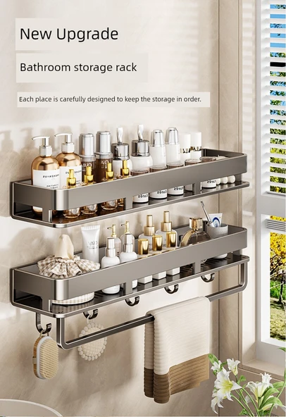 Deliksiz Duvara Monte Banyo Rafı - Arka Bambu Desenli Raf 40 cm Kancalı (Gri) - 7