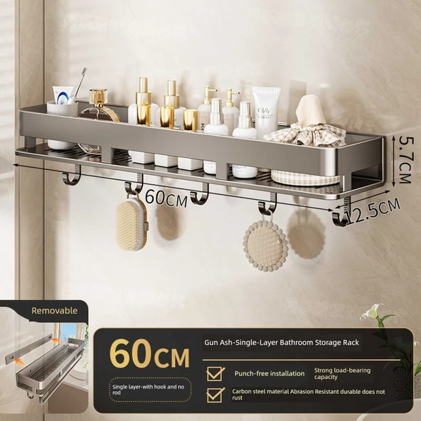 Deliksiz Duvara Monte Banyo Rafı - Arka Bambu Desenli Raf 60 cm Kancalı (Gri)