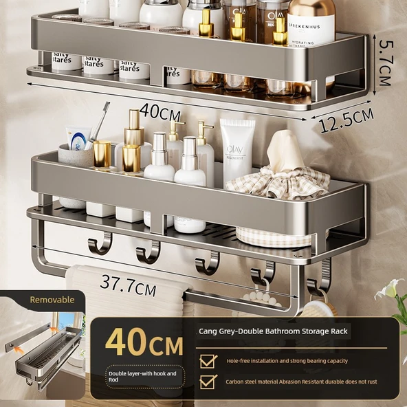 Deliksiz Duvara Monte Banyo Rafı - Çift Katmanlı Bambu Desenli Raf 40 cm Kancalı ve Çubuklu (Gri)