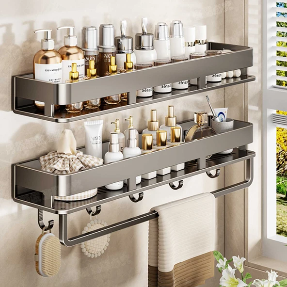 Deliksiz Duvara Monte Banyo Rafı - Arka Bambu Desenli Raf 40 cm Kancalı (Gri) - 2