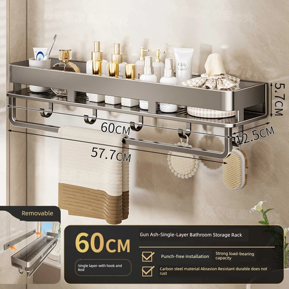 Deliksiz Duvara Monte Banyo Rafı - Arka Şerit Bambu Desenli Raf 60 cm Kancalı ve Çubuklu (Gri)