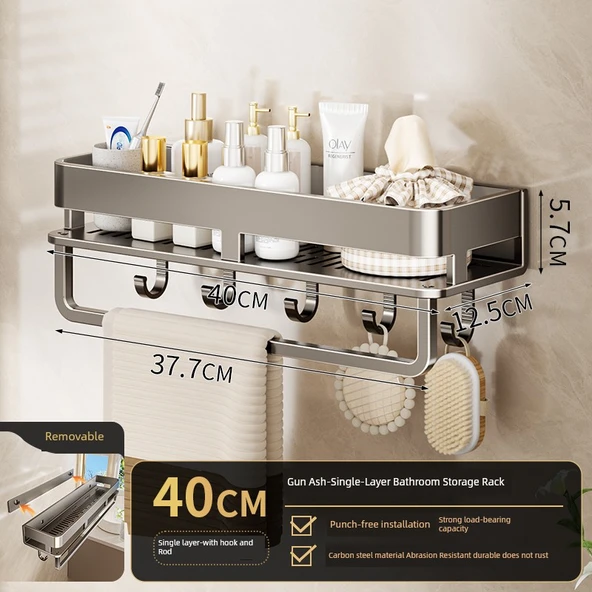 Deliksiz Duvara Monte Banyo Rafı - Arka Şerit Bambu Desenli Raf 40 cm Kancalı ve Çubuklu (Gri)