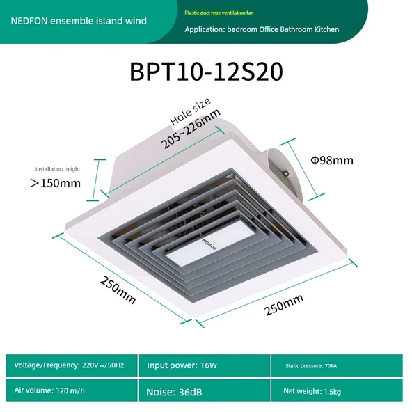 Tavan Havalandırma Fanı - 120 Hava Debisi, 100mm Boru Çapı, 205-226mm Açıklık