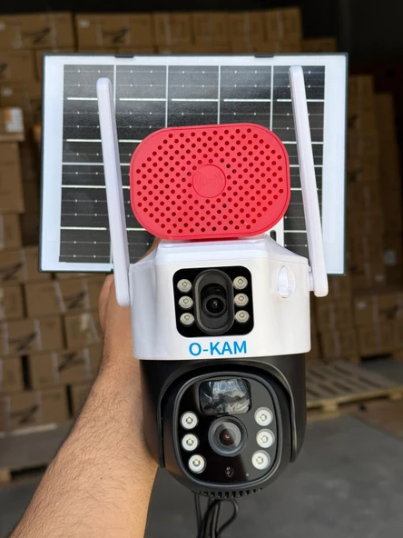 O-kam 7015 SOlar Wifi Güneş Panelli Kablosuz Çift Lens Sirenli 6MP Gece Görüşlü  Güvenlik Kamerası