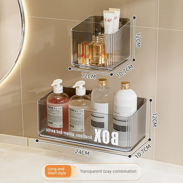 Duvara Monte Banyo Rafı - Kısa + Uzun - Şeffaf Gri