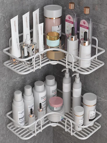 Deliksiz Mutfak Banyo Rafı - Beyaz Üçgen - Güçlü Yapıştırıcı - 2'li Paket - 6