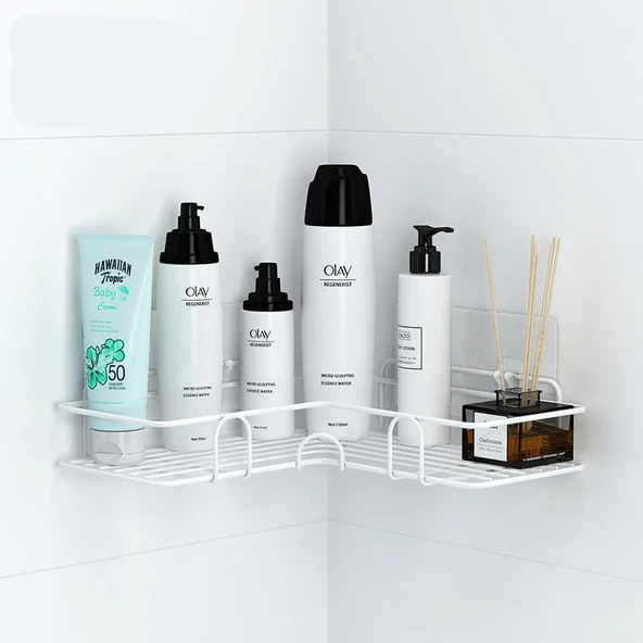 Deliksiz Mutfak Banyo Rafı - Beyaz Üçgen - Güçlü Yapıştırıcı - 2'li Paket