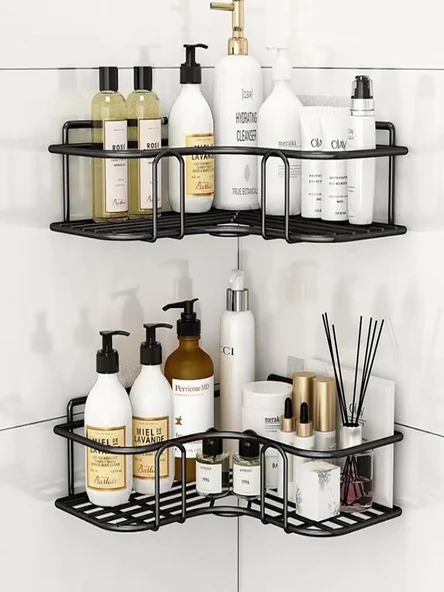 Deliksiz Mutfak Banyo Rafı - Siyah Üçgen - Güçlü Yapıştırıcı - 2'li Paket - 4