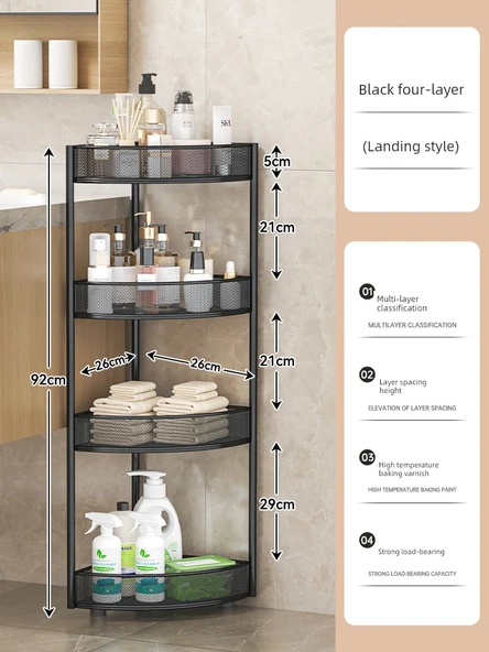 Banyo Üçgen Köşe Rafı - Ayaklı Siyah - Dört Katlı