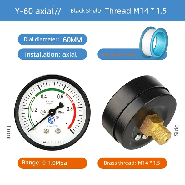 Y60 Aksiyal Siyah Kasa Basınç Ölçer 0-1.0mpa / M14 Diş