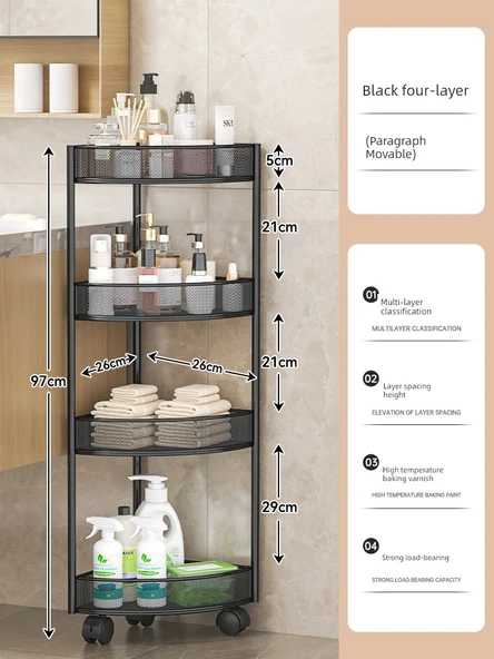 Banyo Üçgen Köşe Rafı - Hareketli Siyah - Dört Katlı