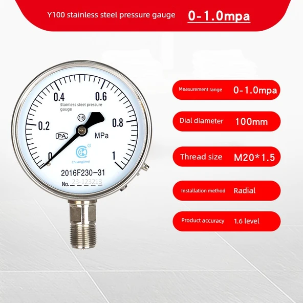 Y100 Basınç Ölçer - 0-1.0MPa - Paslanmaz Çelik Bilyalı Vana