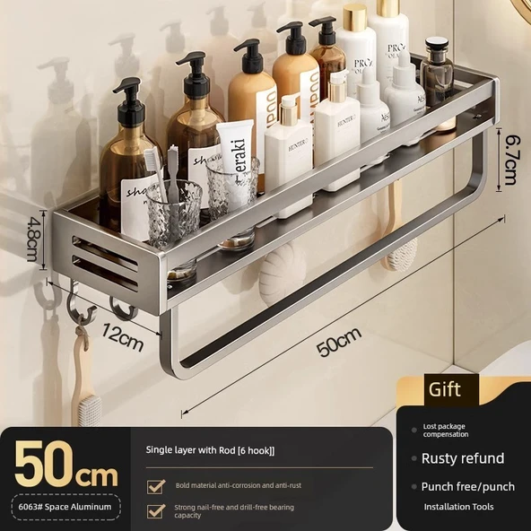 Alüminyum Banyo Rafı - 50cm - Tek Katmanlı - Askılı ve Kancalı