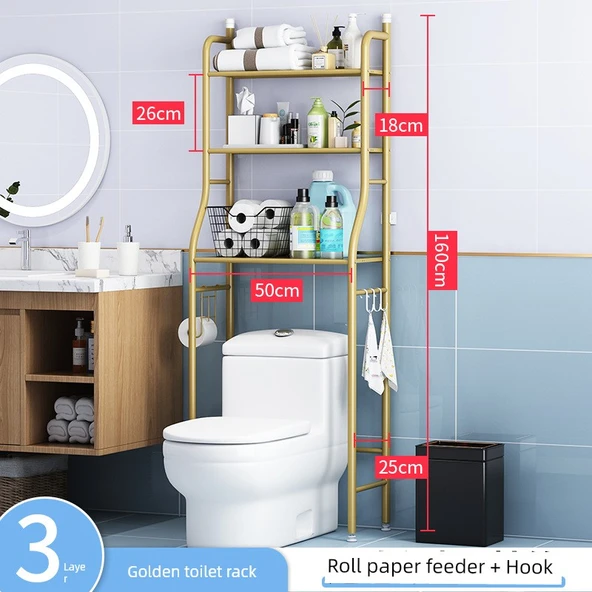 Deliksiz Banyo Tuvalet Rafı - Altın - 3 Katlı Tuvalet Rafı