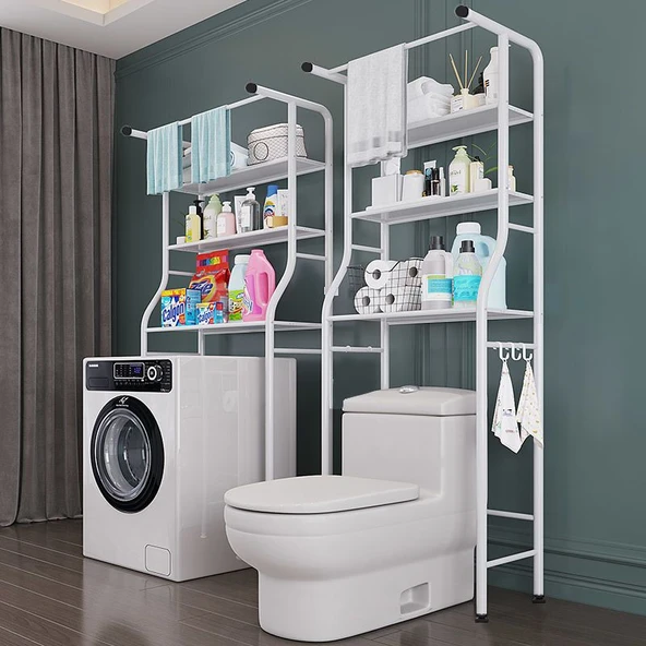 Paslanmaz Çelik Banyo Çok Amaçlı Klozet Üstü Raf - Çamaşır Makinesi (havlulu) 3 Katlı Paslanmaz Çelik