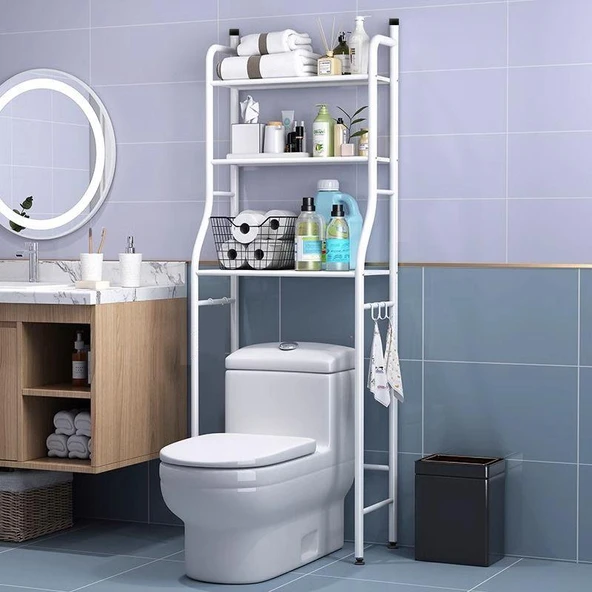 Paslanmaz Çelik Banyo Çok Amaçlı Klozet Üstü Raf - Çamaşır Makinesi (havlulu) 2 Katlı Beyaz - 6