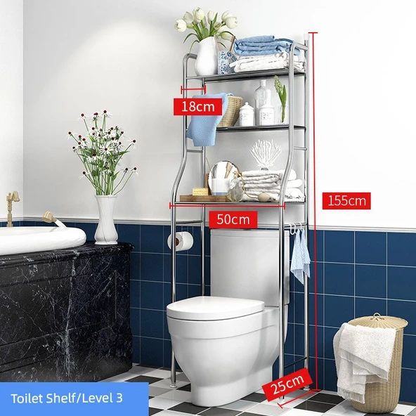 Deliksiz Banyo Tuvalet Rafı - Paslanmaz Çelik - 3 Katlı