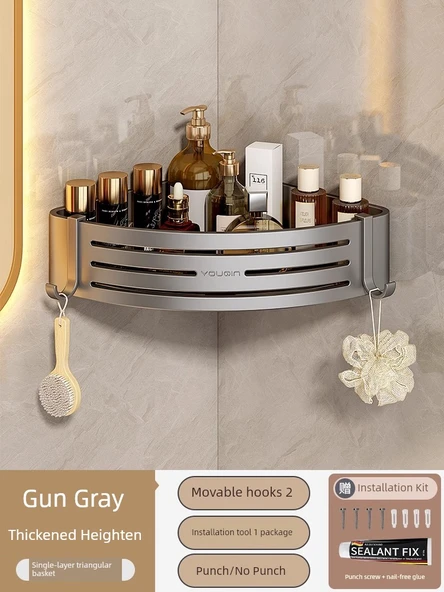 Deliksiz Banyo Köşe Rafı - Parlak Yapıştırıcı - Kalınlaştırılmış Tek Katmanlı - 2 Kancalı