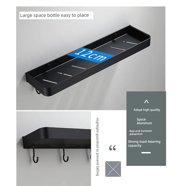 Siyah Alüminyum Duvara Monte Banyo Rafı - 60cm Çubuklu - 9