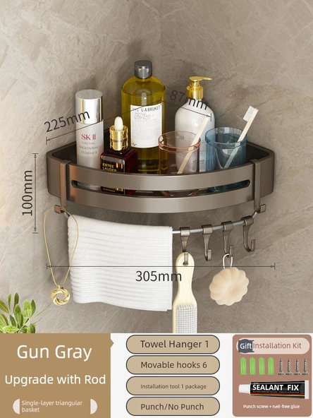 Deliksiz Banyo Köşe Rafı - Klasik Yapıştırıcı - Tek Katmanlı - Çubuklu - 6 Kancalı