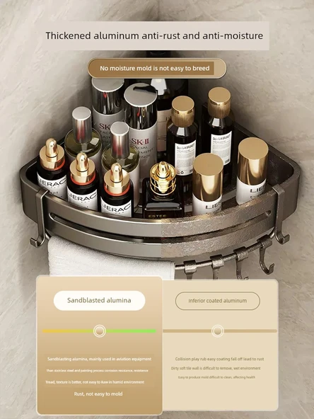 Deliksiz Banyo Köşe Rafı - Parlak Yapıştırıcı - Kalınlaştırılmış Tek Katmanlı - 2 Kancalı - 3