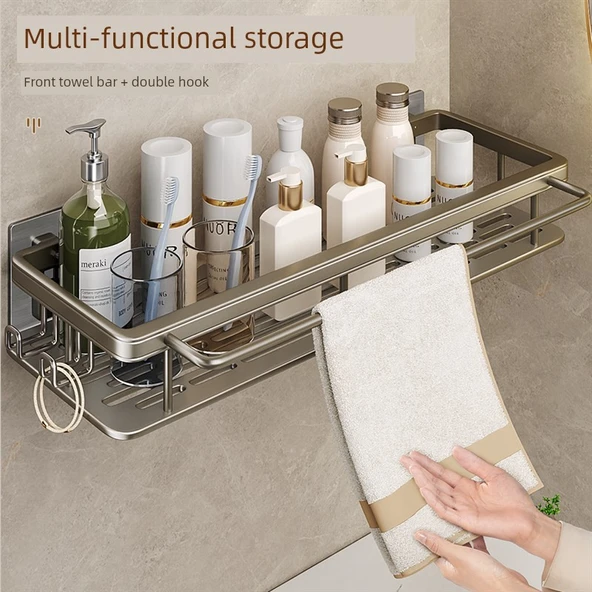 Deliksiz Banyo Rafı - Şık Siyah (2 Kancalı, Havlu Askılı) - 5
