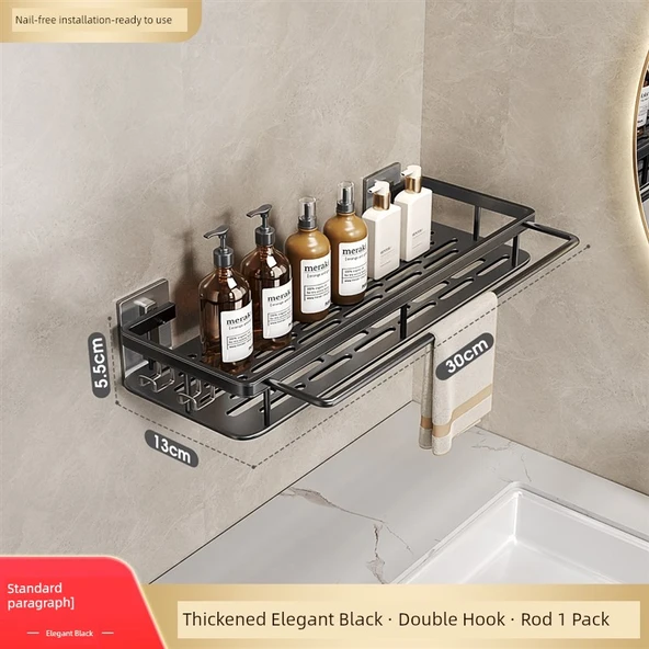 Deliksiz Banyo Rafı - Şık Siyah (2 Kancalı, Havlu Askılı)