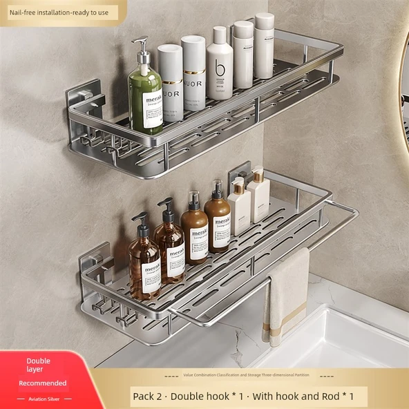Deliksiz Banyo Rafı - Çift Katlı Havacılık Gümüşü (4 Kancalı, 1 Havlu Askılı)
