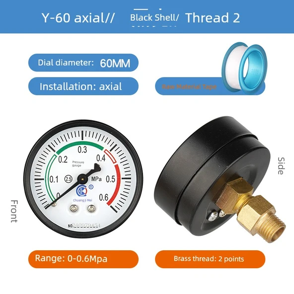 Y60 Aksiyal Siyah Kasa Basınç Ölçer 0-0.6mpa / 2 Nokta Diş