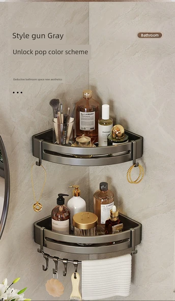 Deliksiz Banyo Köşe Rafı - Parlak Yapıştırıcı - Kalınlaştırılmış Tek Katmanlı - 2 Kancalı - 7