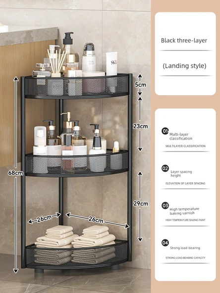 Banyo Üçgen Köşe Rafı - Ayaklı Siyah - Üç Katlı