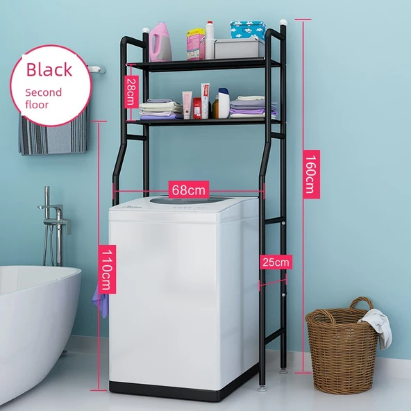 Deliksiz Banyo Tuvalet Rafı - Siyah - 2 Katlı Çamaşır Makinesi Rafı (Kapaklı)