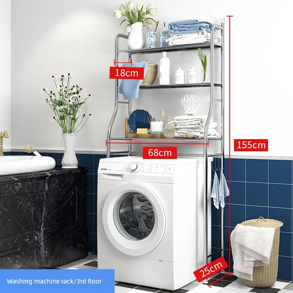 Deliksiz Banyo Tuvalet Rafı - Paslanmaz Çelik - 3 Katlı Çamaşır Makinesi Rafı (Tamburlu)