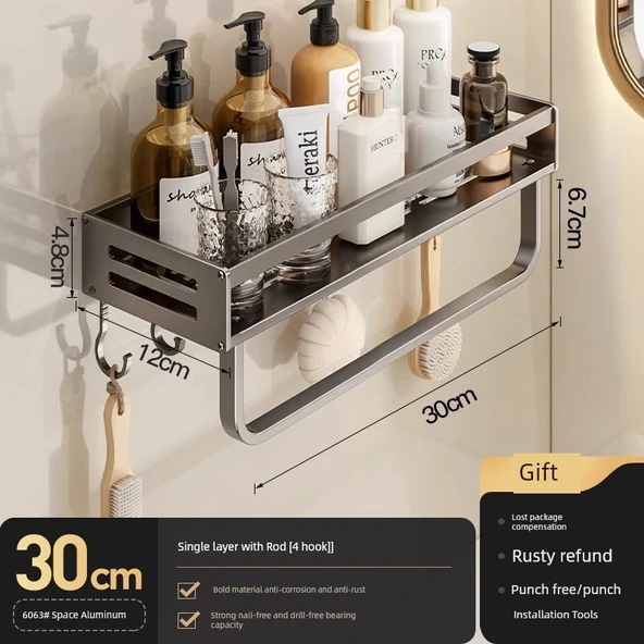 Alüminyum Banyo Rafı - 30cm - Tek Katmanlı - Askılı ve Kancalı