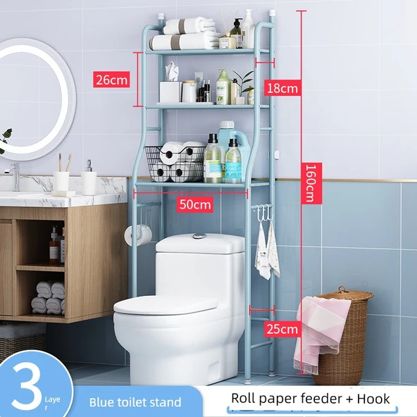 Deliksiz Banyo Tuvalet Rafı - Mavi - 3 Katlı Tuvalet Rafı